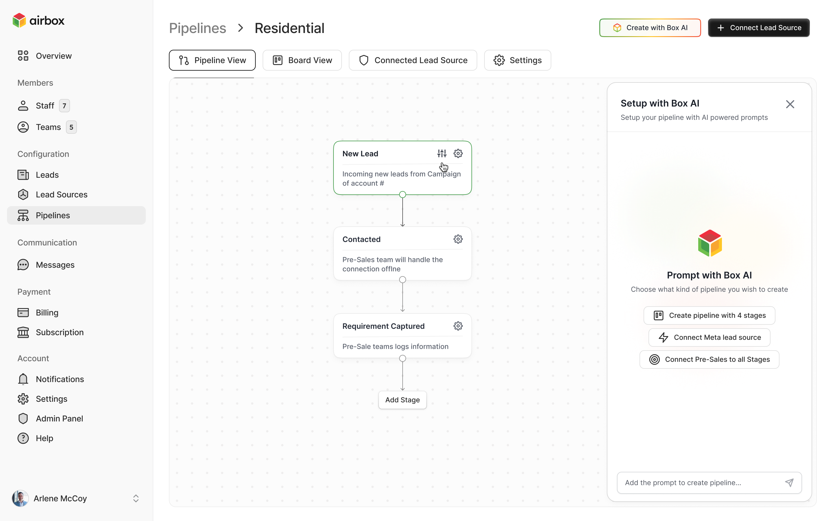 The Airbox admin showing a pipeline with New lead, Contacted and Requirement captured stages, and the AI setup panel
